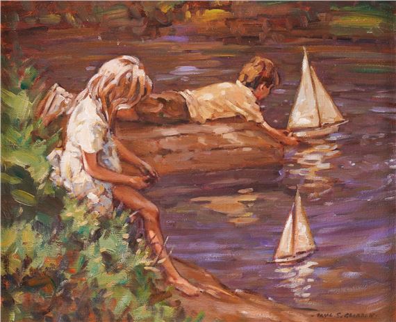 A boy and girl playing with pond yachts by Paul S. Gribble