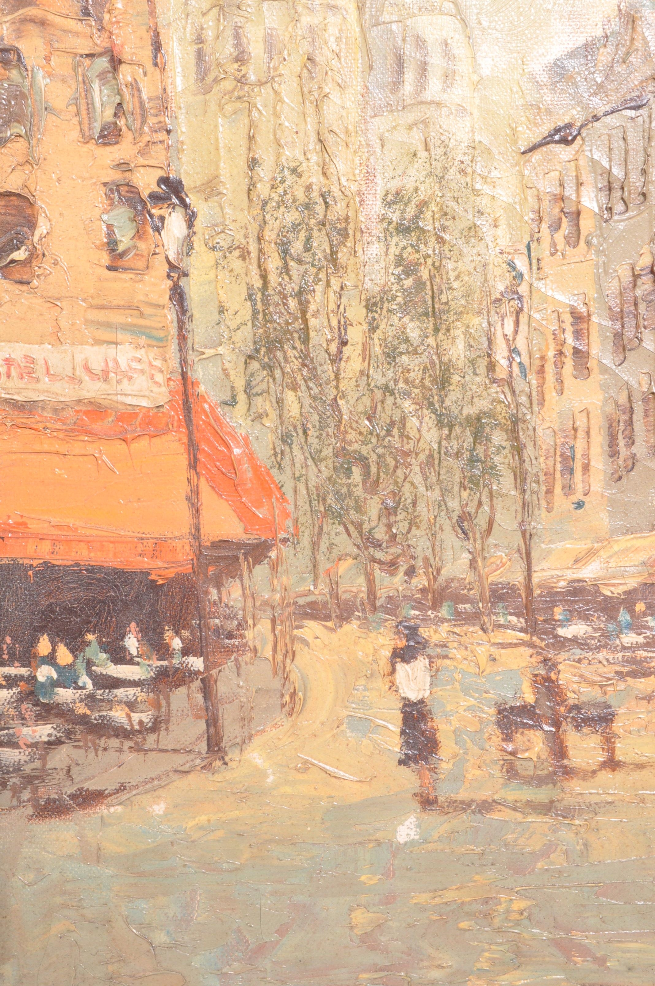 Artwork by François DuBois, Pair midcentury oil on canvases depicting Parisian street scenes, Made of oil on canvases