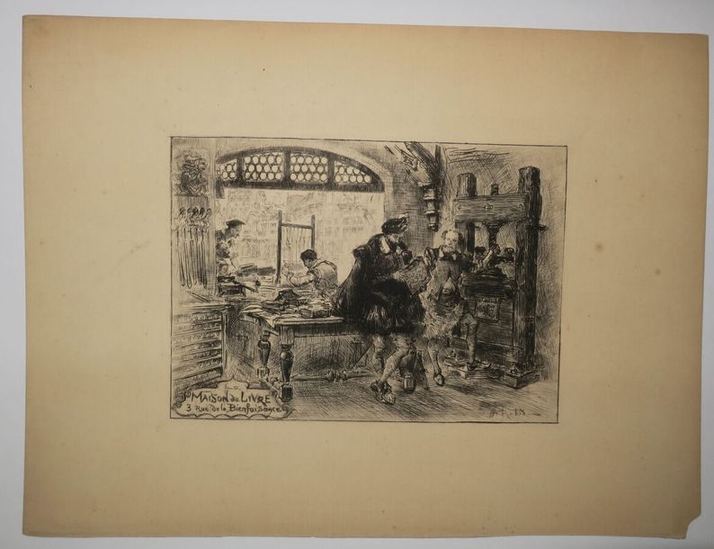 Artwork by Albert Robida, ROBIDA Albert (1848 - 1926) - Address card for the House of the book, 3 rue de la Bienfaisance (Printers workshop, press), Made of etching and drypoint