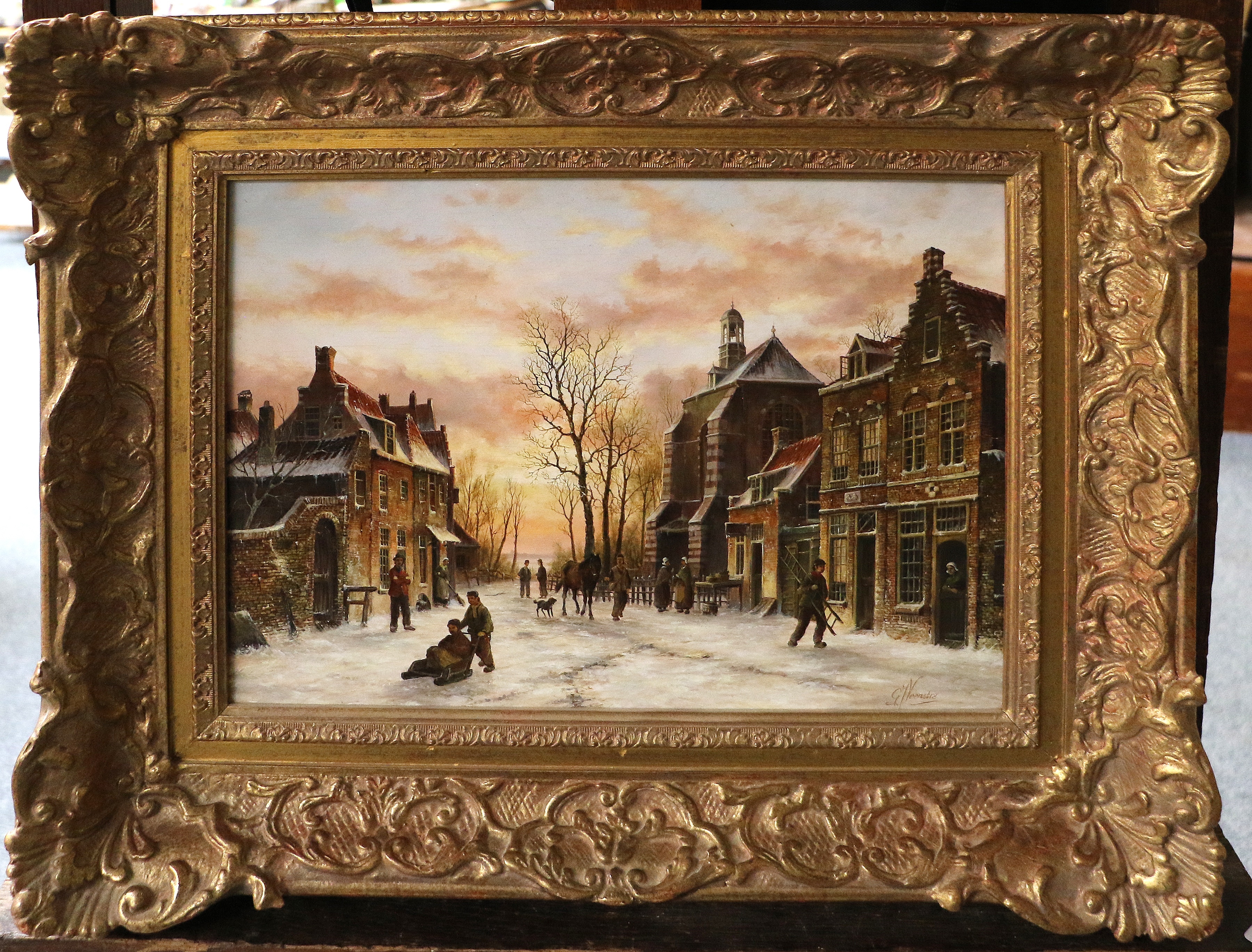 Artwork by Gert-Jan Veenstra, Dutch town scene with skating figures, Made of oil on panel