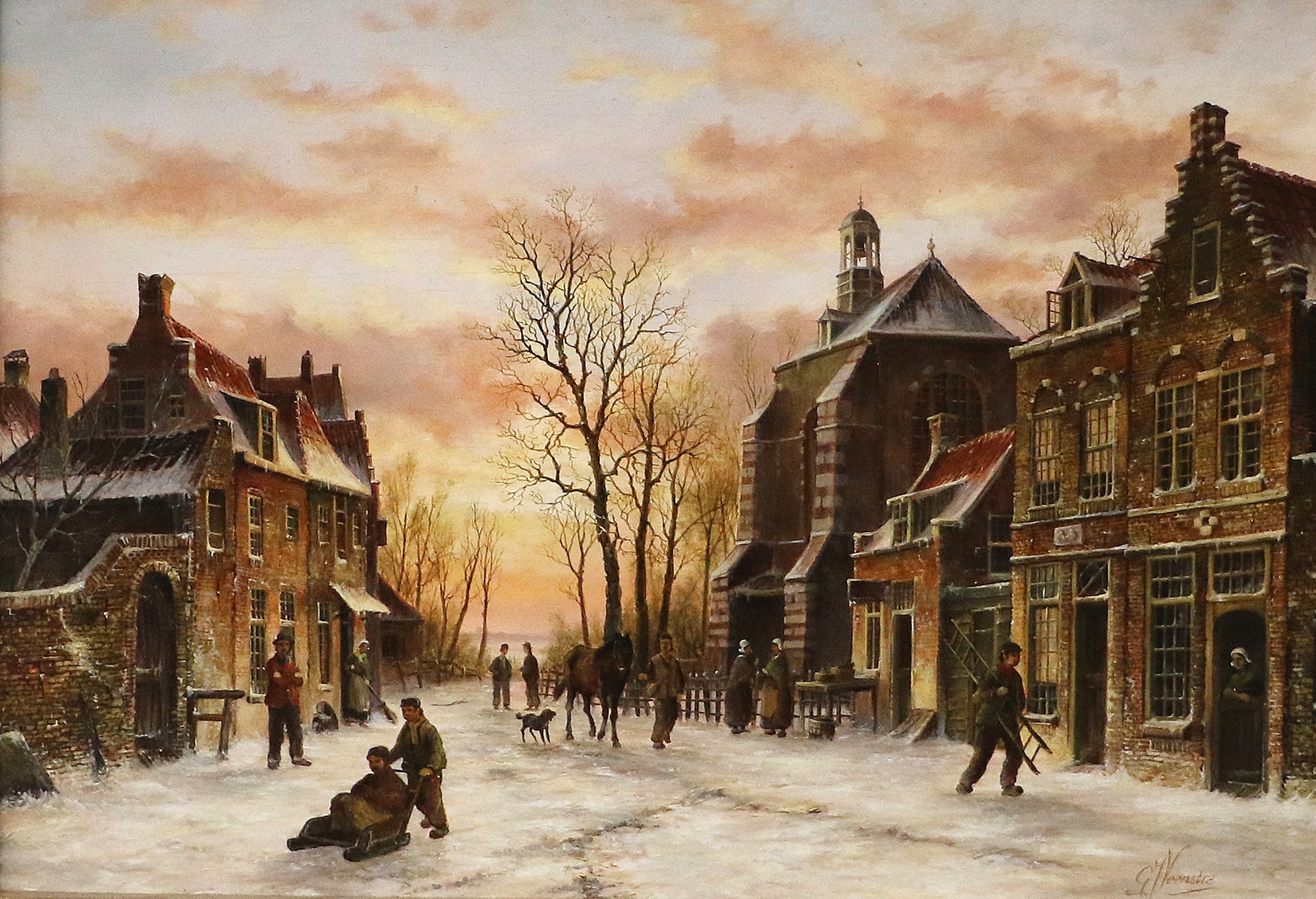 Artwork by Gert-Jan Veenstra, Dutch town scene with skating figures, Made of oil on panel