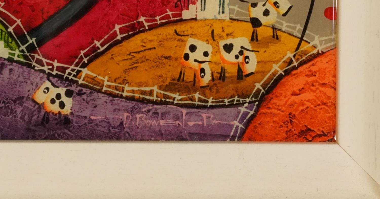 Artwork by Dale Bowen, Surreal landscape with cattle and buildings, Made of resin print in colour