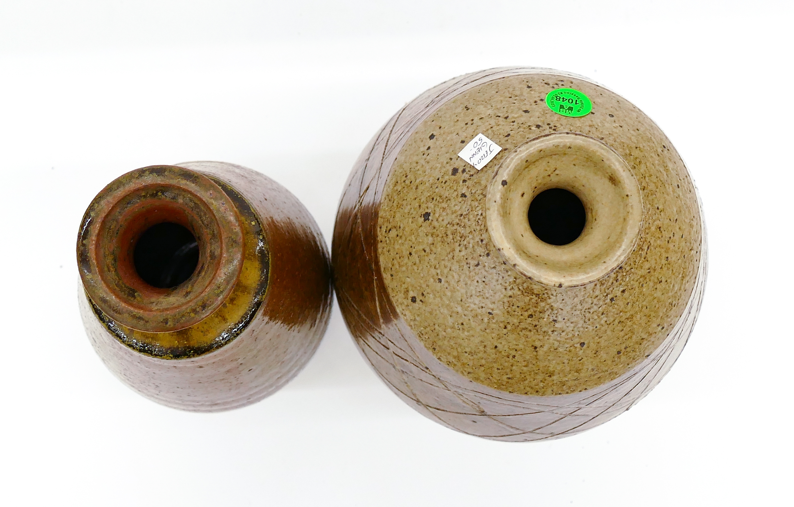 Artwork by Jerry Glenn, 2pc Jerry Glenn Decorated Stoneware Vases 10'' and 11'', Made of Stoneware