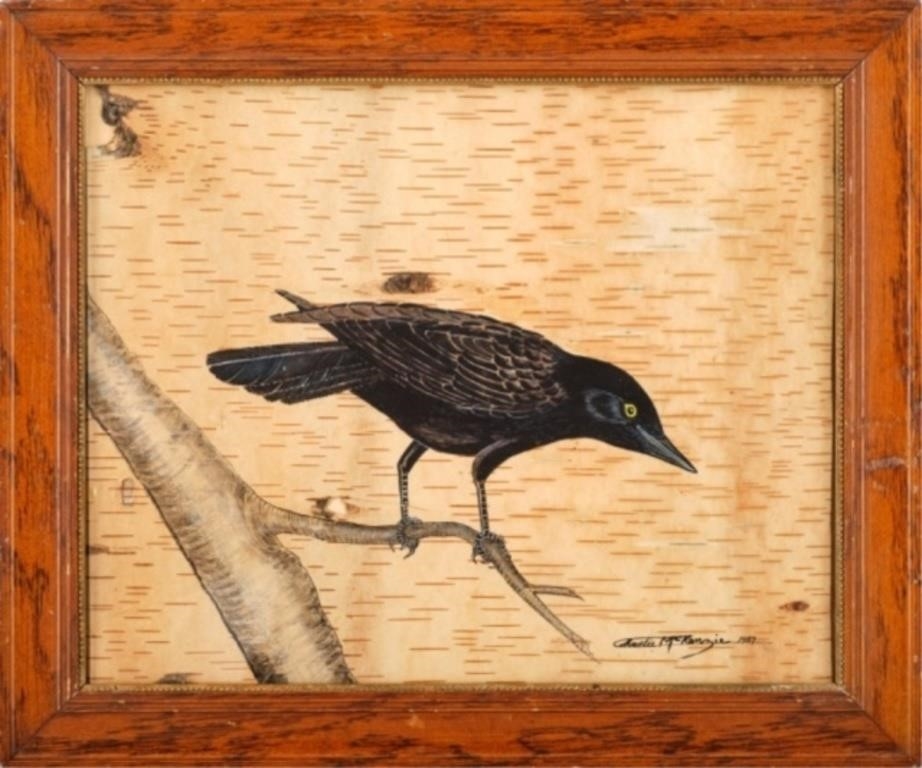 Artwork by Charlie Mckenzie, A folk art painting of a black bird standing on a branch, Made of birch bark