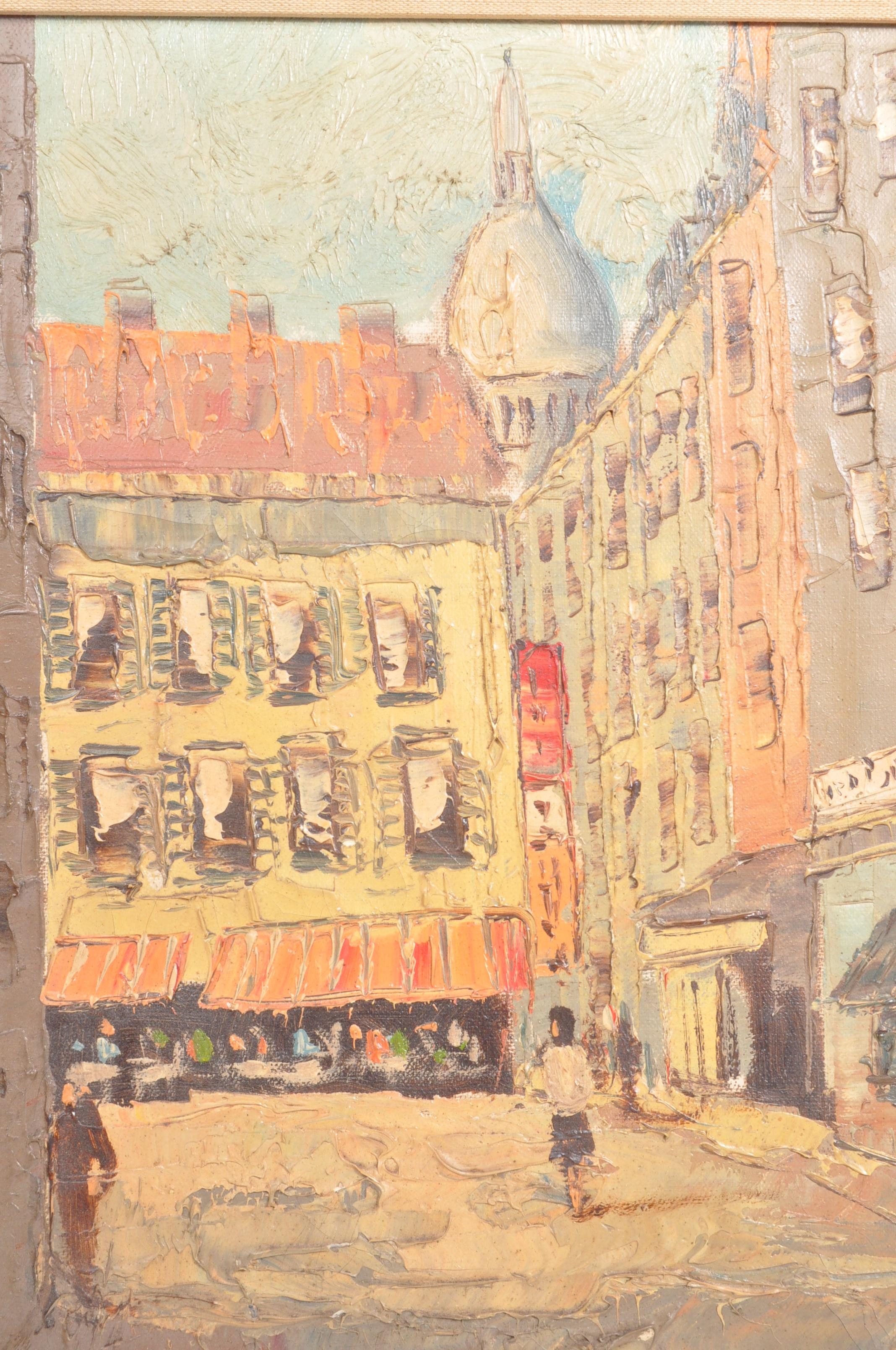 Artwork by François DuBois, Pair midcentury oil on canvases depicting Parisian street scenes, Made of oil on canvases