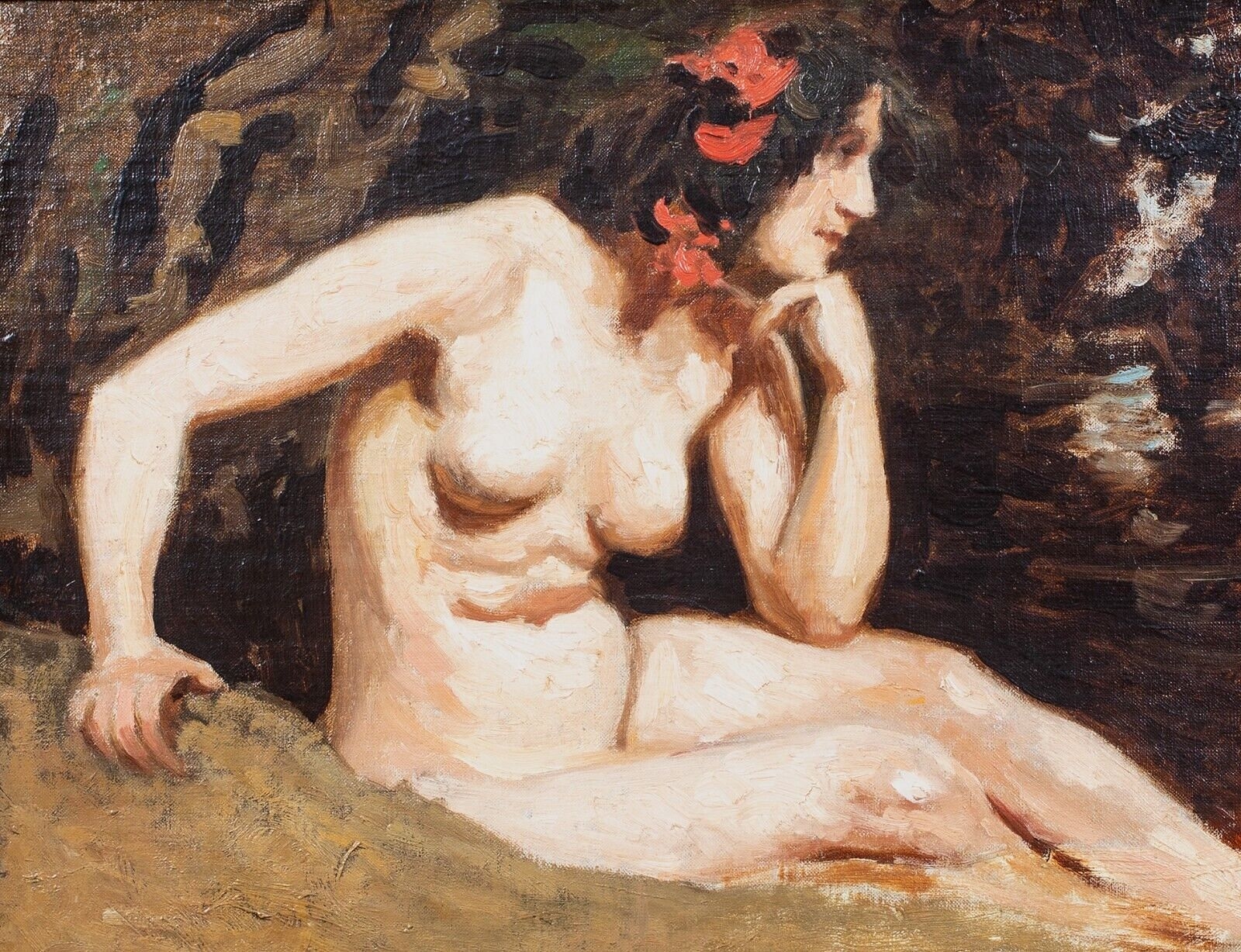 Artwork by Edwin Nichol, PORTRAIT OF A NUDE LADY IN A WOODLAND OIL PAINTING, Made of Oil on canvas