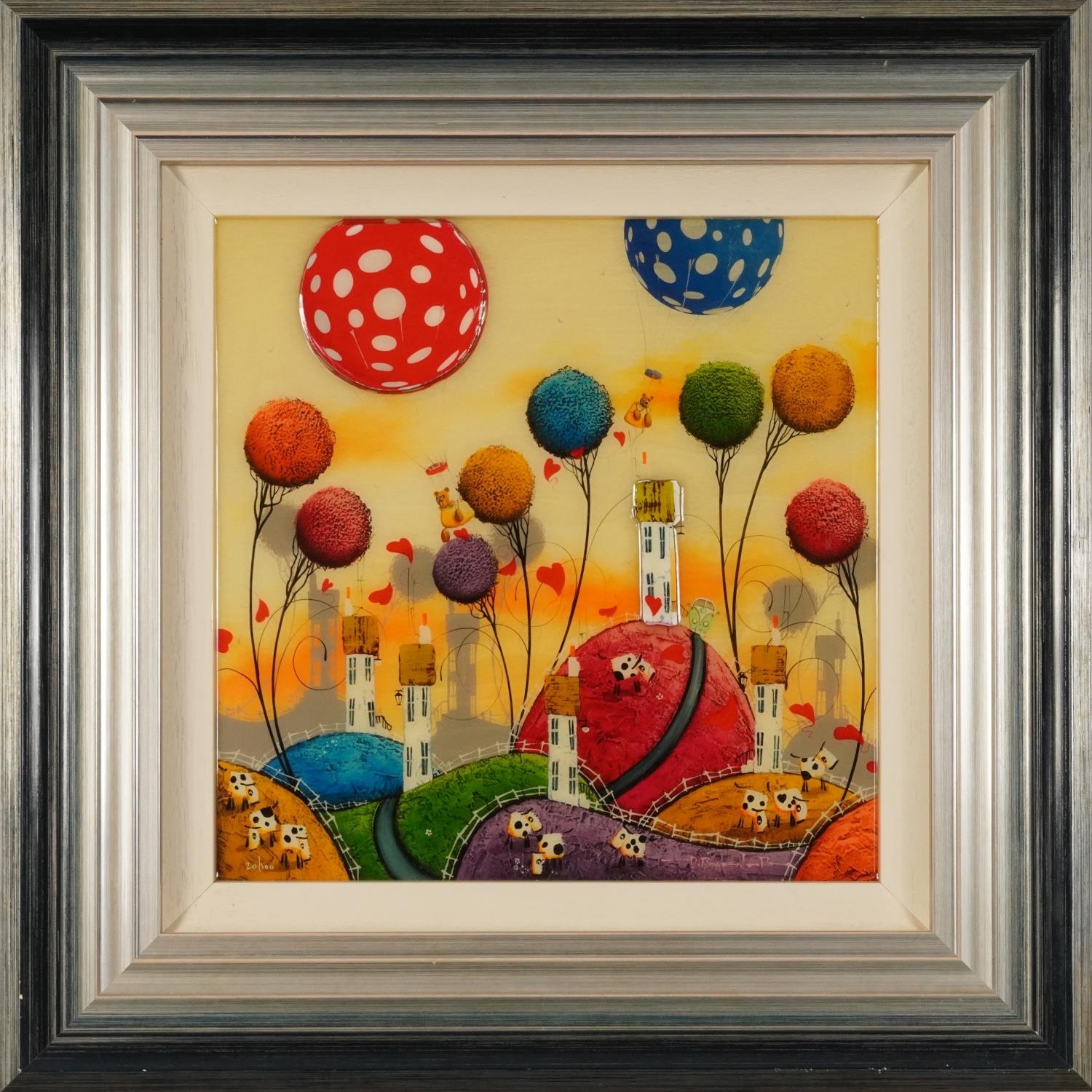 Artwork by Dale Bowen, Surreal landscape with cattle and buildings, Made of resin print in colour