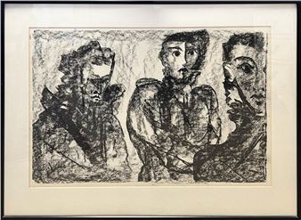 A charcoal study of three expressive faces in a monochromatic composition.