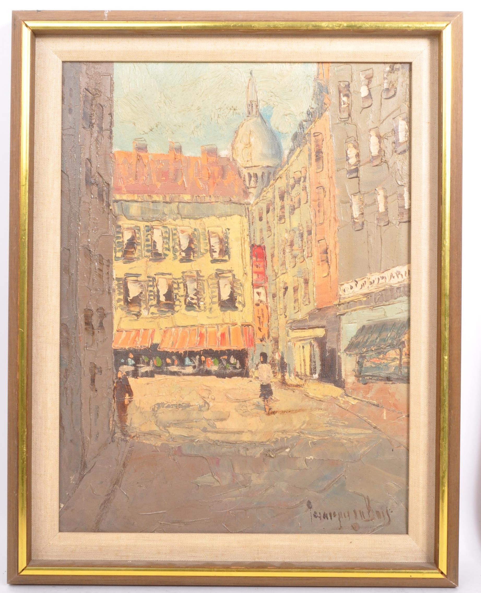 Artwork by François DuBois, Pair midcentury oil on canvases depicting Parisian street scenes, Made of oil on canvases
