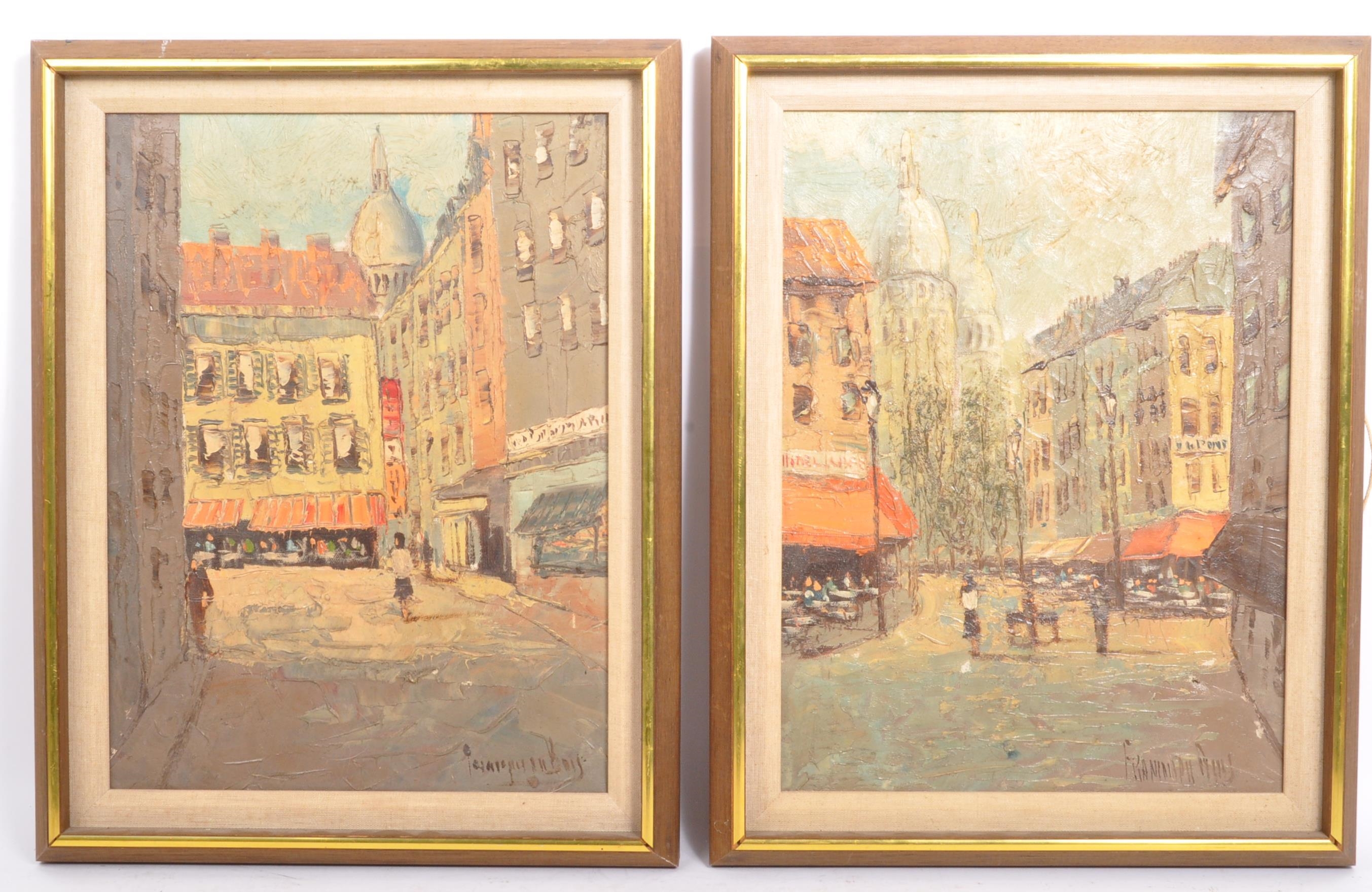 Artwork by François DuBois, Pair midcentury oil on canvases depicting Parisian street scenes, Made of oil on canvases
