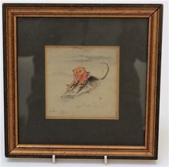 H J Owen (1897-?) A goblinesque creature astride a rat. Watercolour - H J Owen