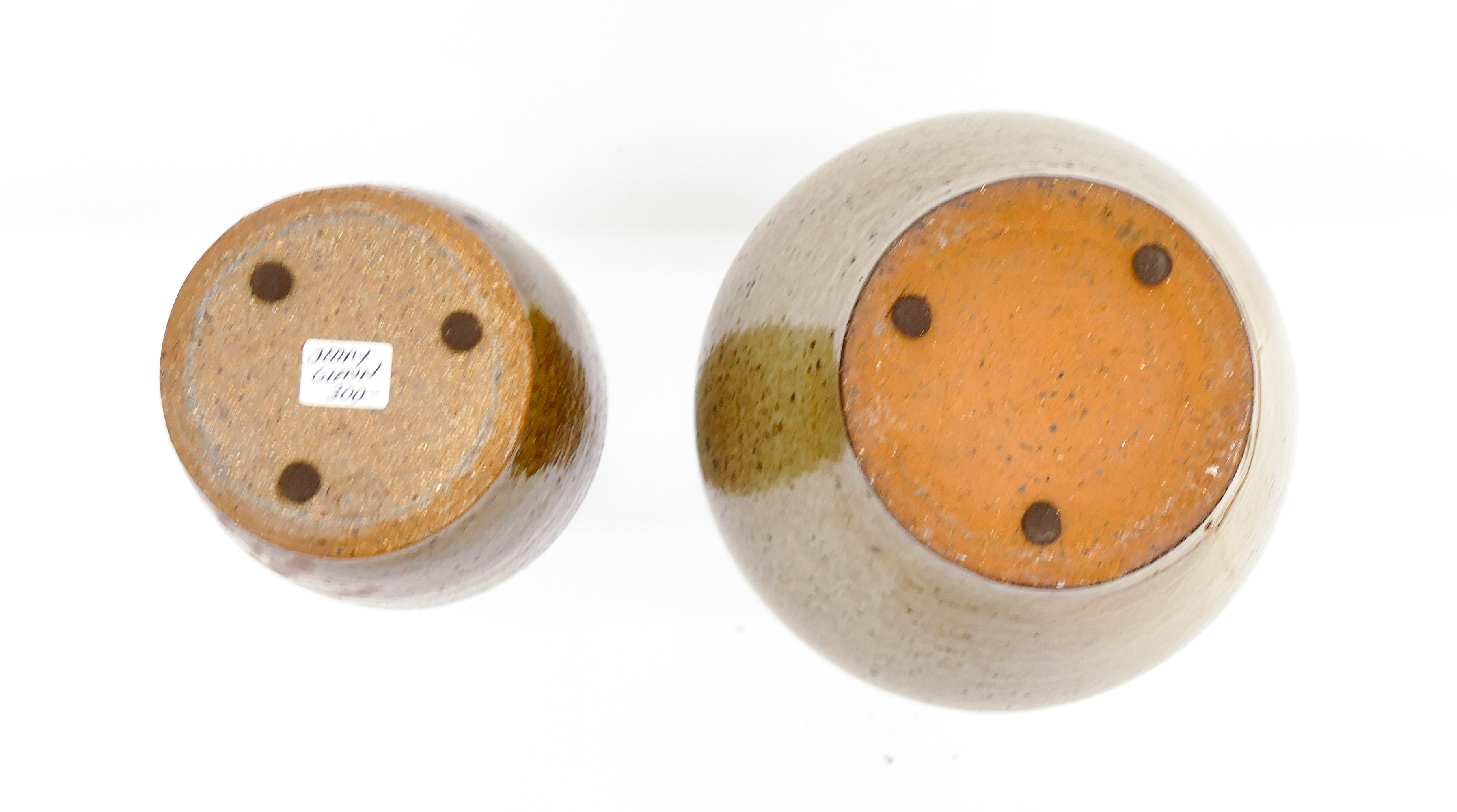 Artwork by Jerry Glenn, 2pc Jerry Glenn Decorated Stoneware Vases 10'' and 11'', Made of Stoneware