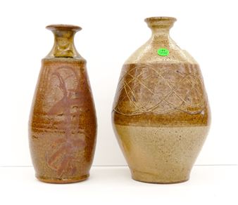 2pc Jerry Glenn Decorated Stoneware Vases 10'' and 11'' - Jerry Glenn