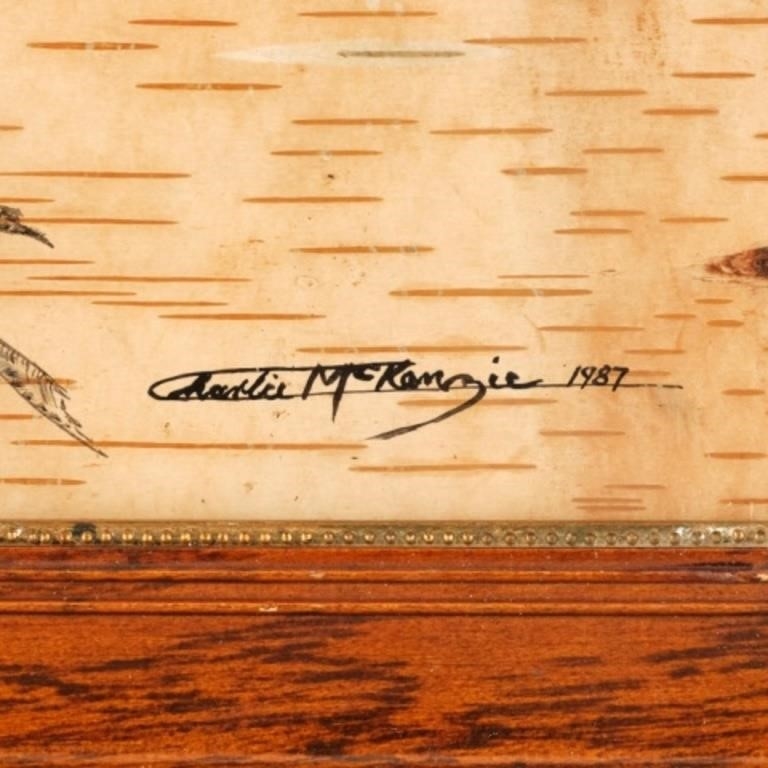 Artwork by Charlie Mckenzie, A folk art painting of a black bird standing on a branch, Made of birch bark