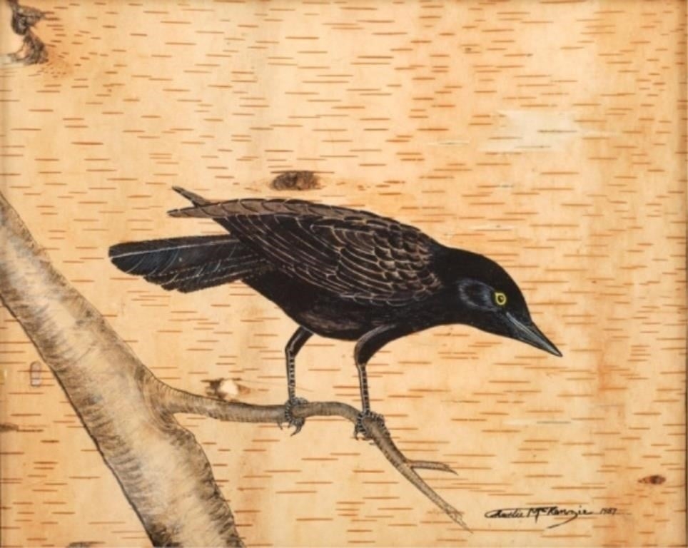 Artwork by Charlie Mckenzie, A folk art painting of a black bird standing on a branch, Made of birch bark