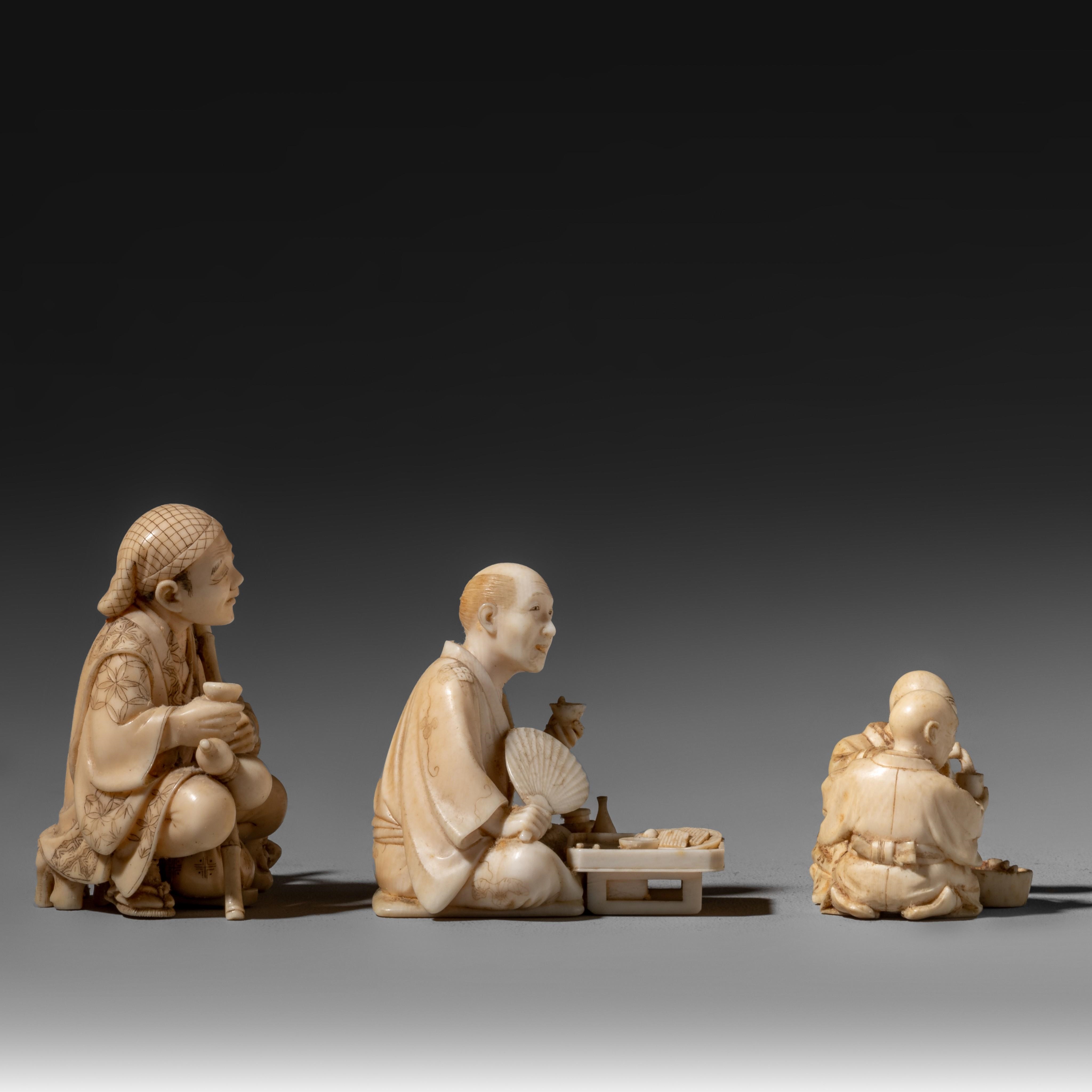 Artwork by Japanese School, Three Japanese Meiji period ivory okimono illustrating daily life in 19th century Japan, Made of ivory
