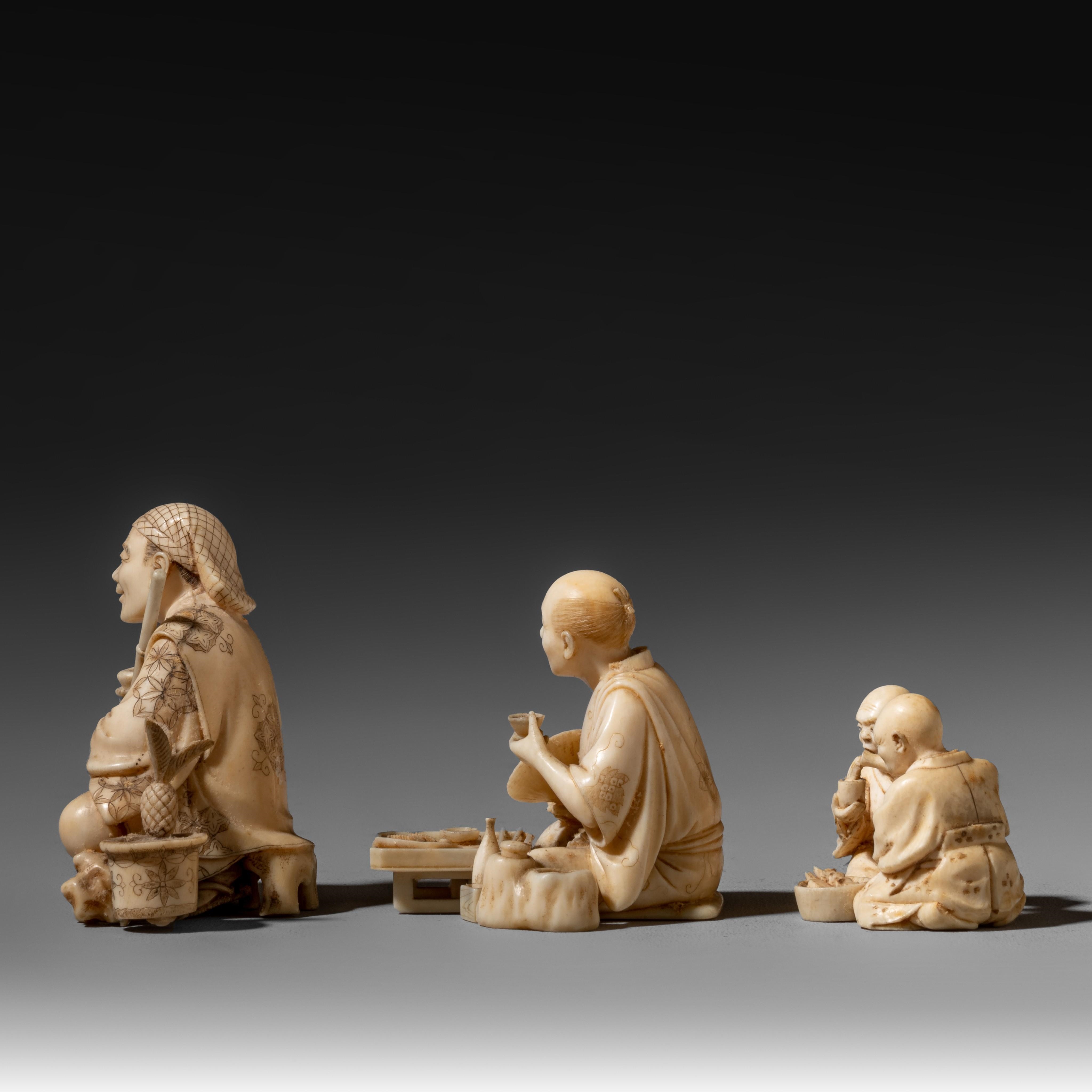 Artwork by Japanese School, Three Japanese Meiji period ivory okimono illustrating daily life in 19th century Japan, Made of ivory