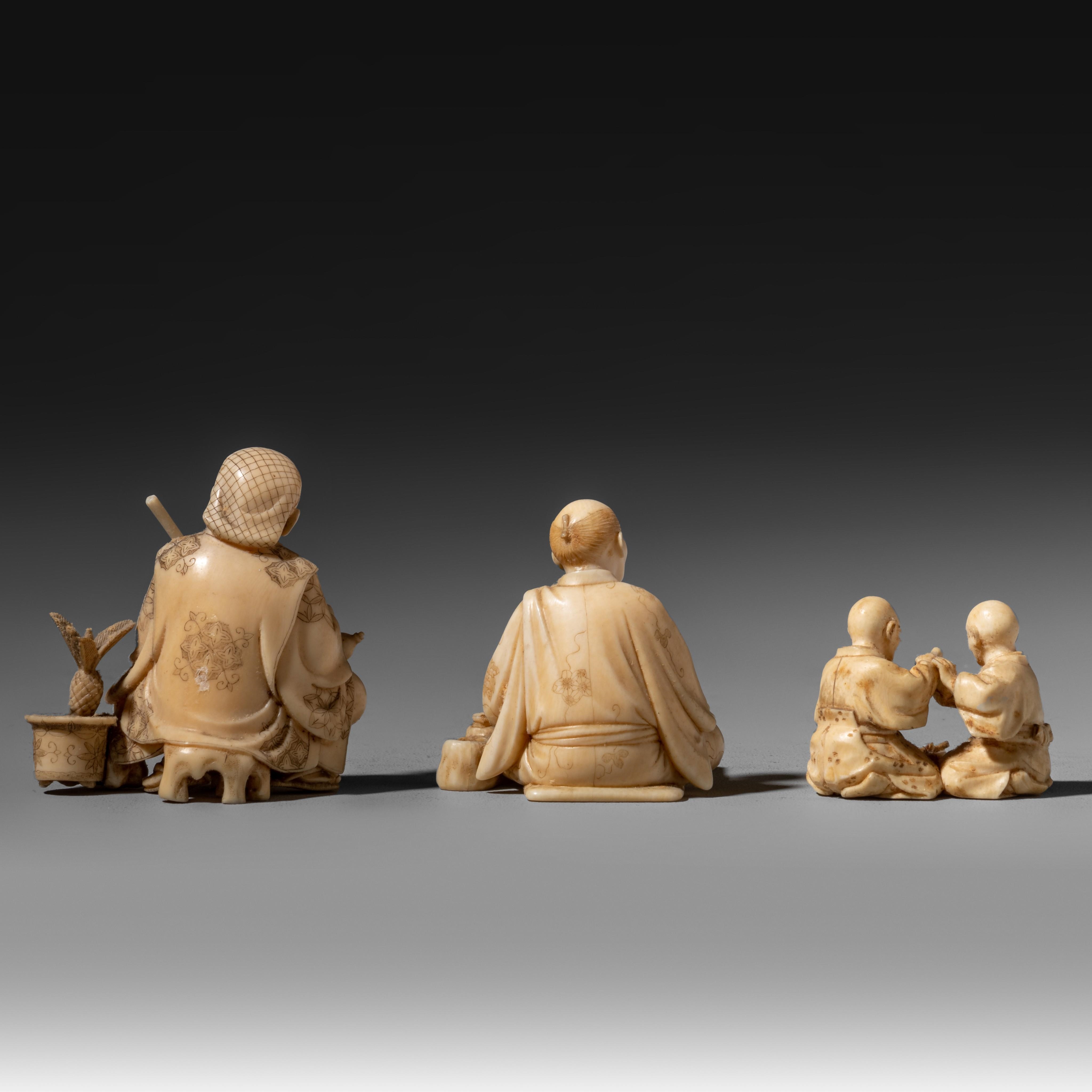 Artwork by Japanese School, Three Japanese Meiji period ivory okimono illustrating daily life in 19th century Japan, Made of ivory
