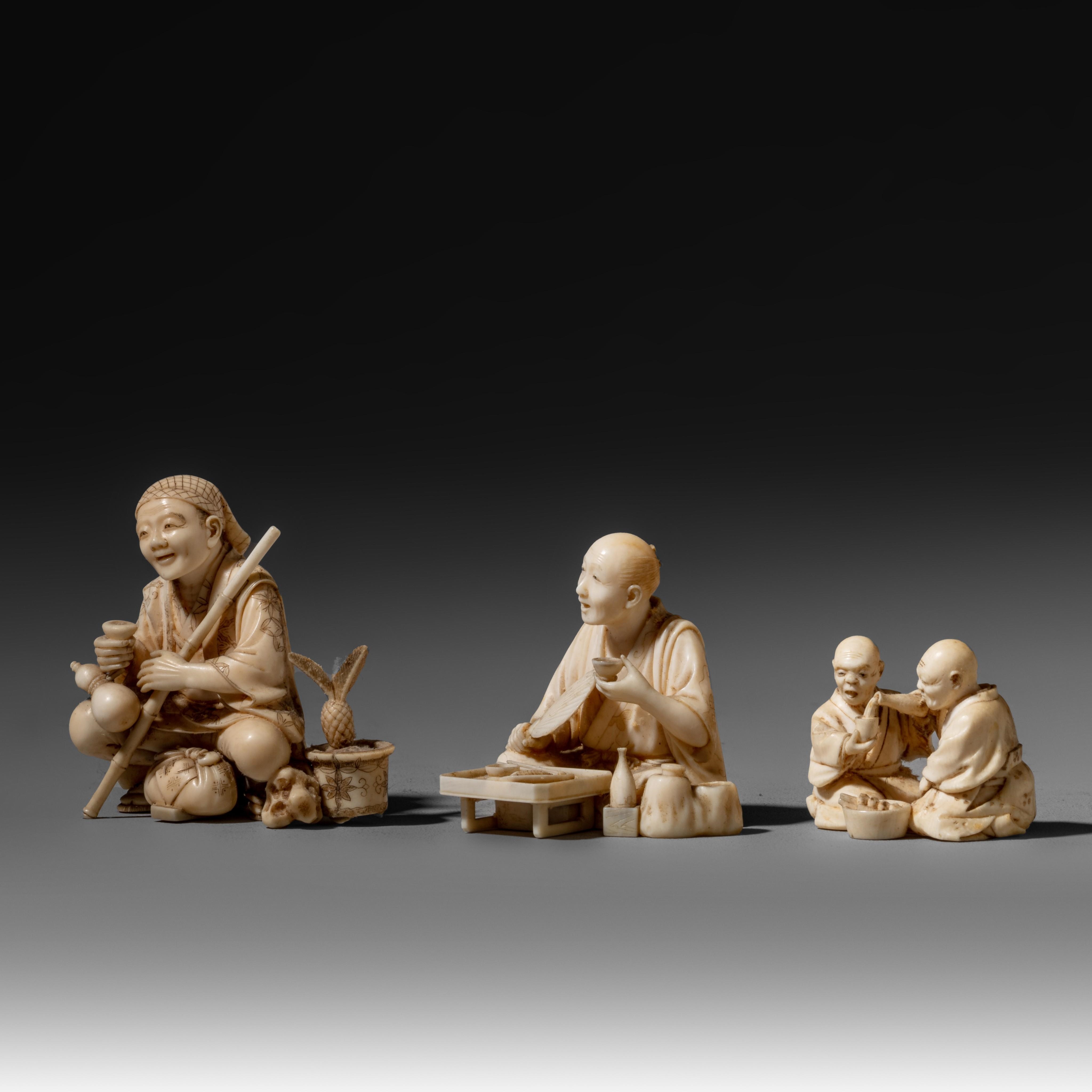 Artwork by Japanese School, Three Japanese Meiji period ivory okimono illustrating daily life in 19th century Japan, Made of ivory