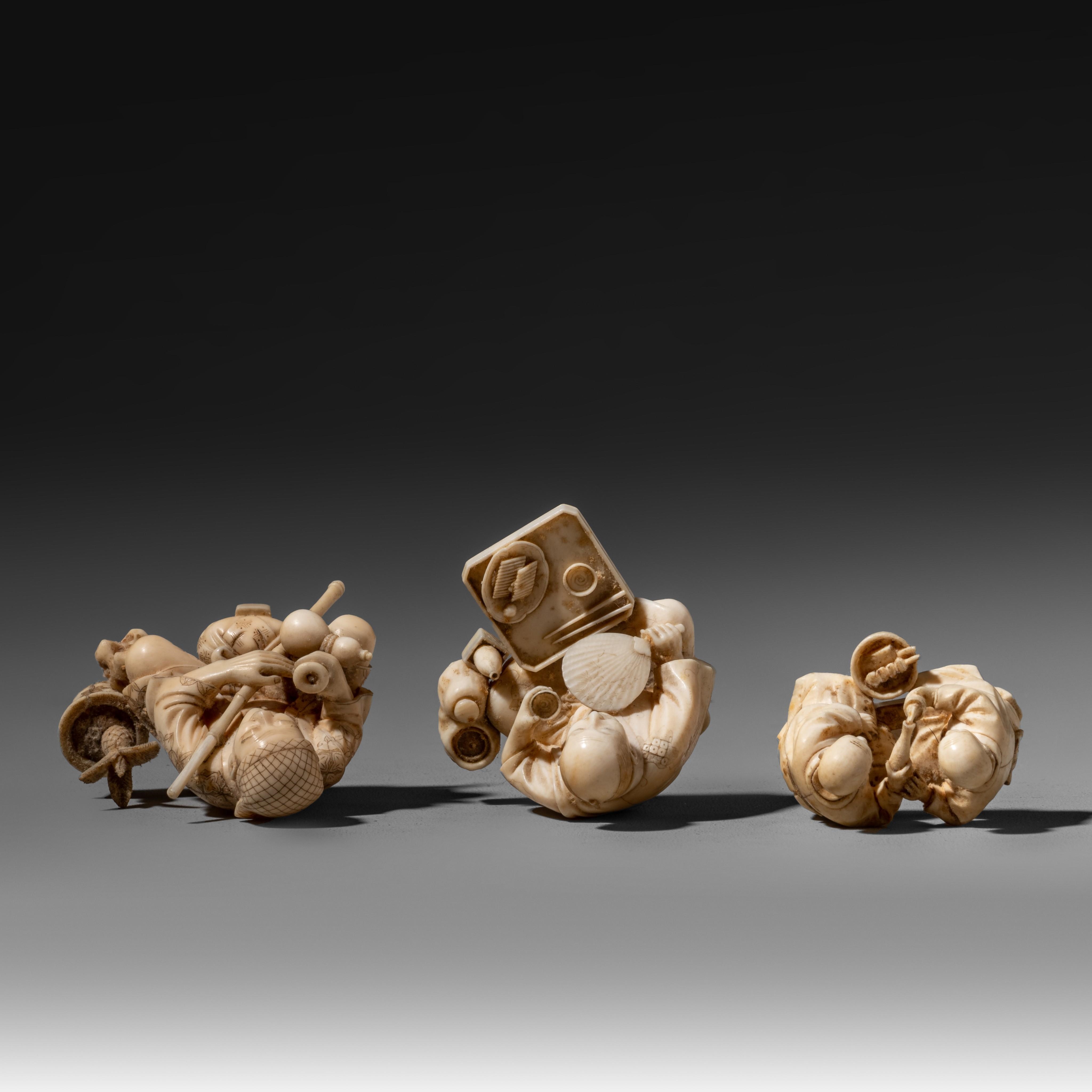 Artwork by Japanese School, Three Japanese Meiji period ivory okimono illustrating daily life in 19th century Japan, Made of ivory