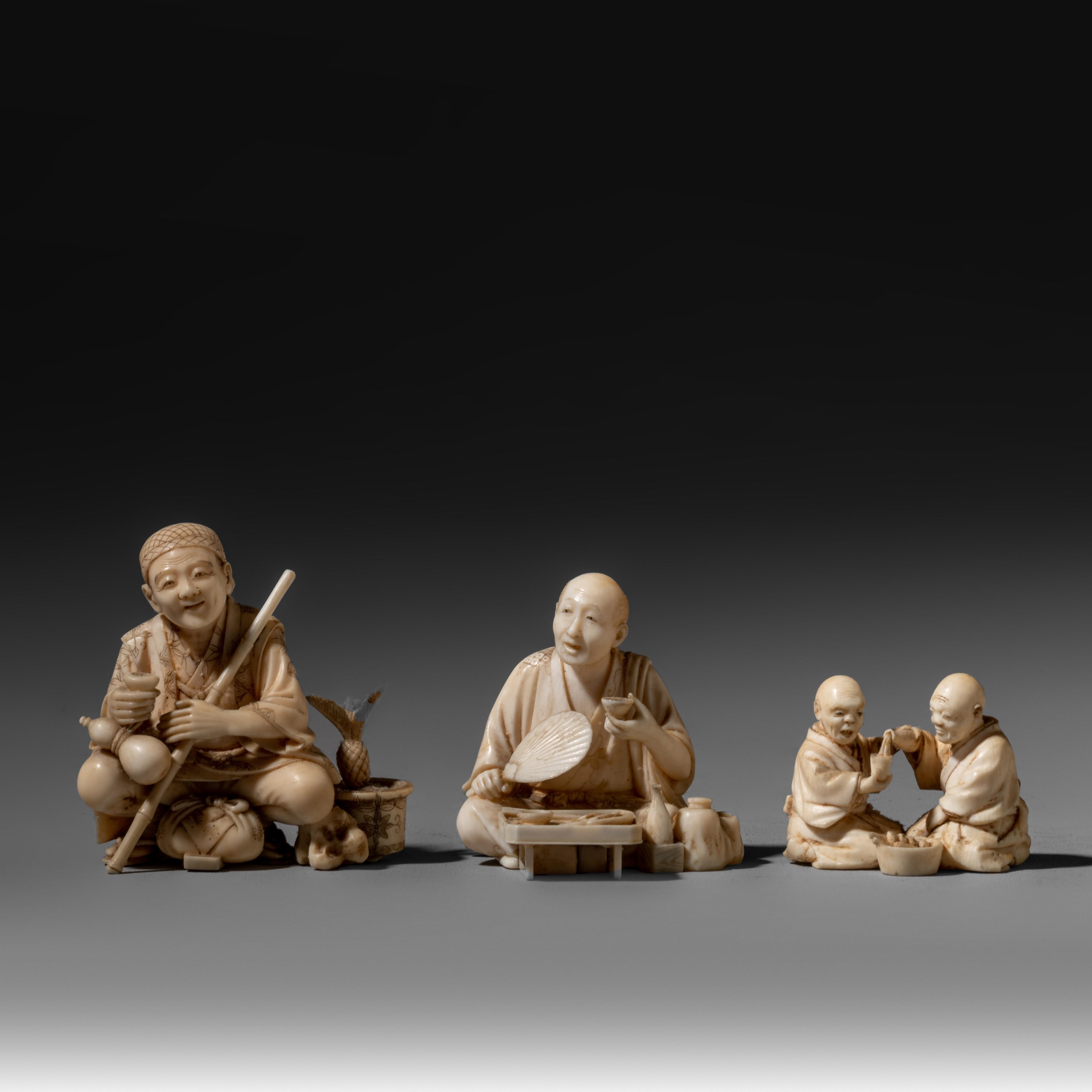 Artwork by Japanese School, Three Japanese Meiji period ivory okimono illustrating daily life in 19th century Japan, Made of ivory