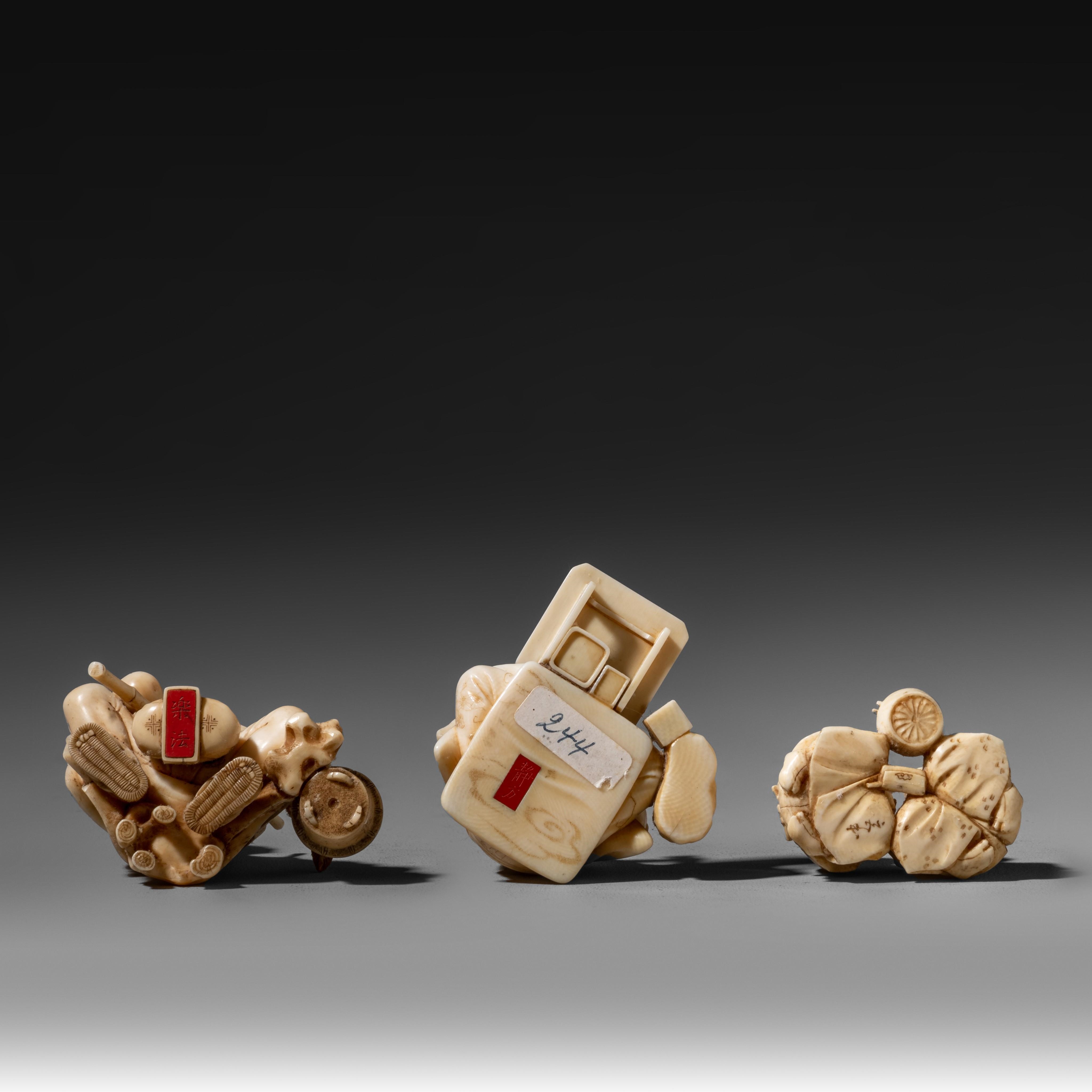 Artwork by Japanese School, Three Japanese Meiji period ivory okimono illustrating daily life in 19th century Japan, Made of ivory