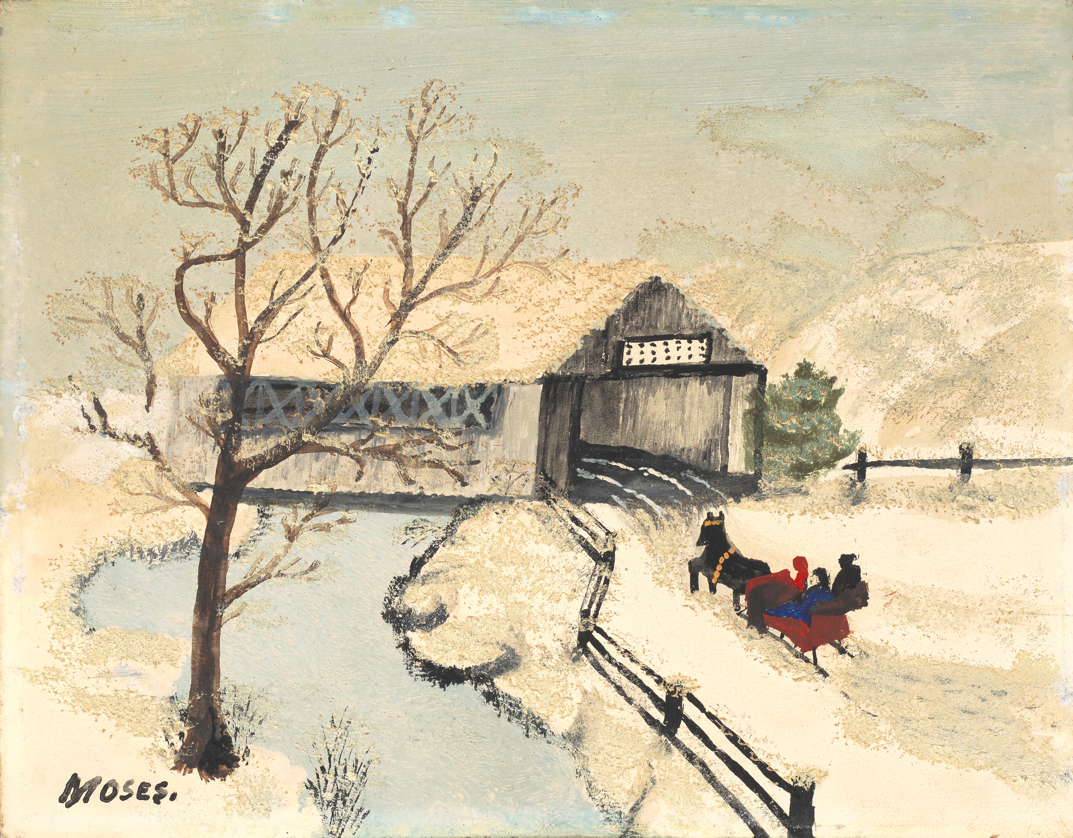 Artwork by Grandma Moses, A Ride in the Cutter, Made of oil on masonite