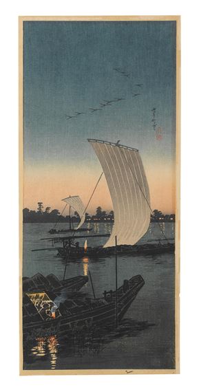 The first of Sekiyado depicting fishing boats at sunset on Tone River in the town of Sekiyado, Chiba Prefecture,the second of Terajima no ame (Rain at Terajima) by Takahashi Shtei, circa 1932