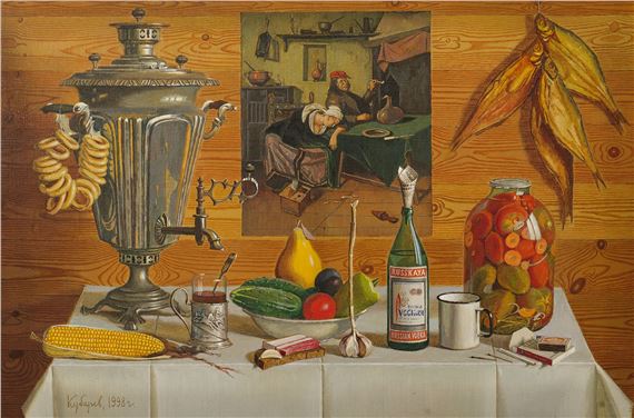 Still life with a bottle by Vyacheslav Grigoryevich Kubarev, 1998.