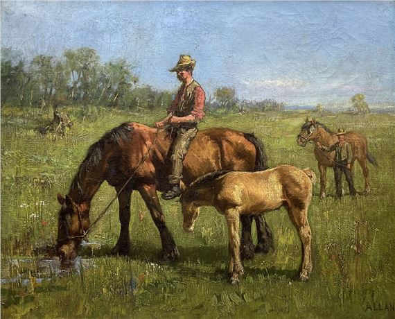 Horses and Riders Grazing in the Field by Allan