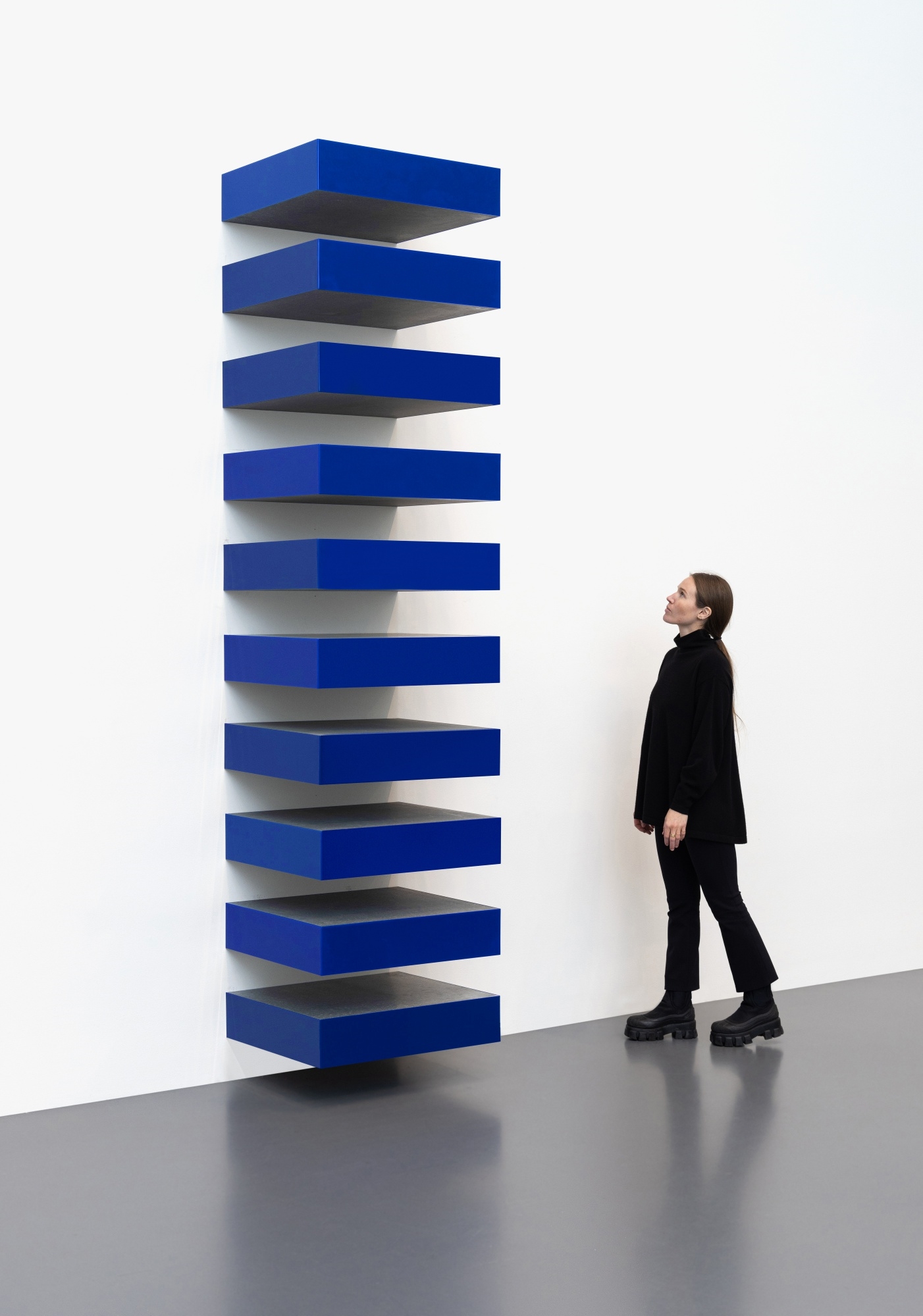 Artwork by Donald Judd, Untitled, Made of galvanized iron and opaque blue acrylic sheet, in ten parts