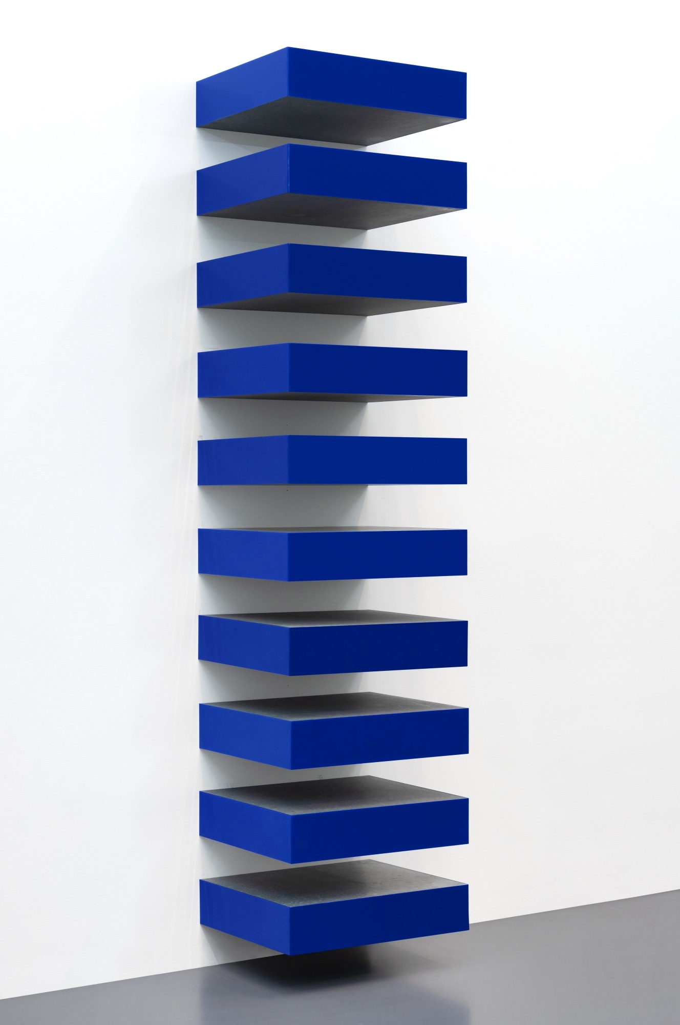 Artwork by Donald Judd, Untitled, Made of galvanized iron and opaque blue acrylic sheet, in ten parts