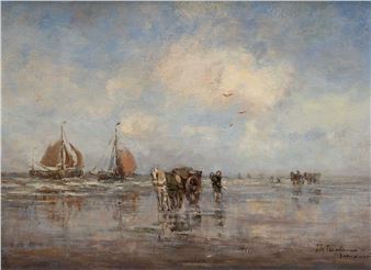 Shell fishers and boats on the beach - Thamine Tadama Groeneveld