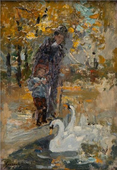 Feeding swans in the park by Georges Jules Ernest Binet