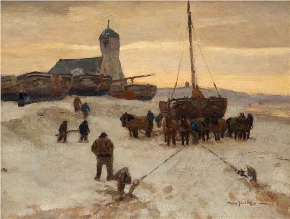 Pulling a bomschuit over the snowy beach of Katwijk by Willy Sluiter
