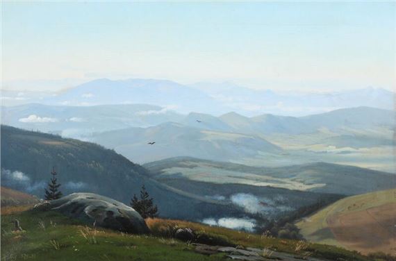 Fog over an evening landscape near St by Harald Frederik Foss, 1879–81