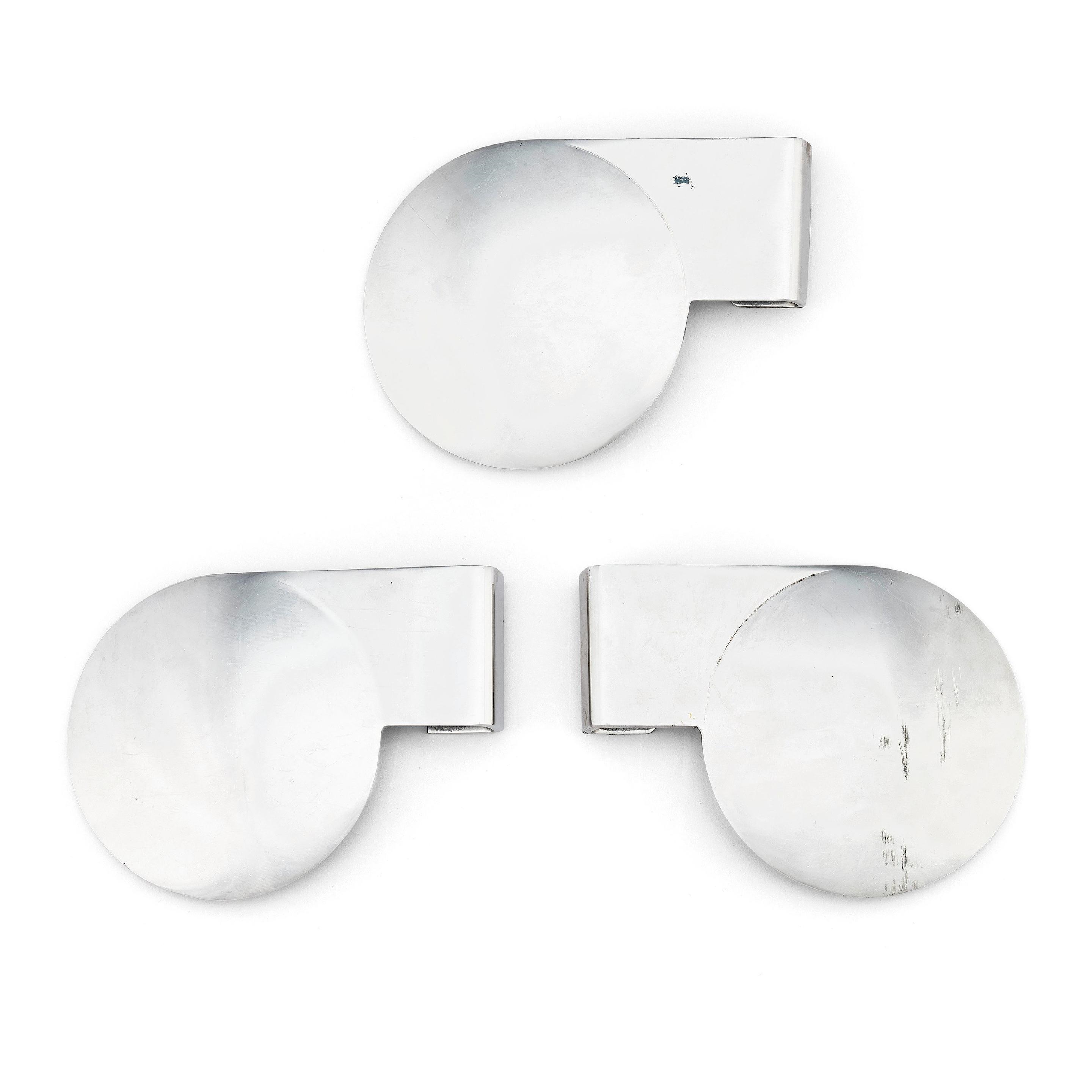 Artwork by Eskil Sundahl, Three door handles, from the City hall of Sundbyberg, by Eskil Sundahl och Artur von Schmalensee, for the Co/op 1930., Made of metal