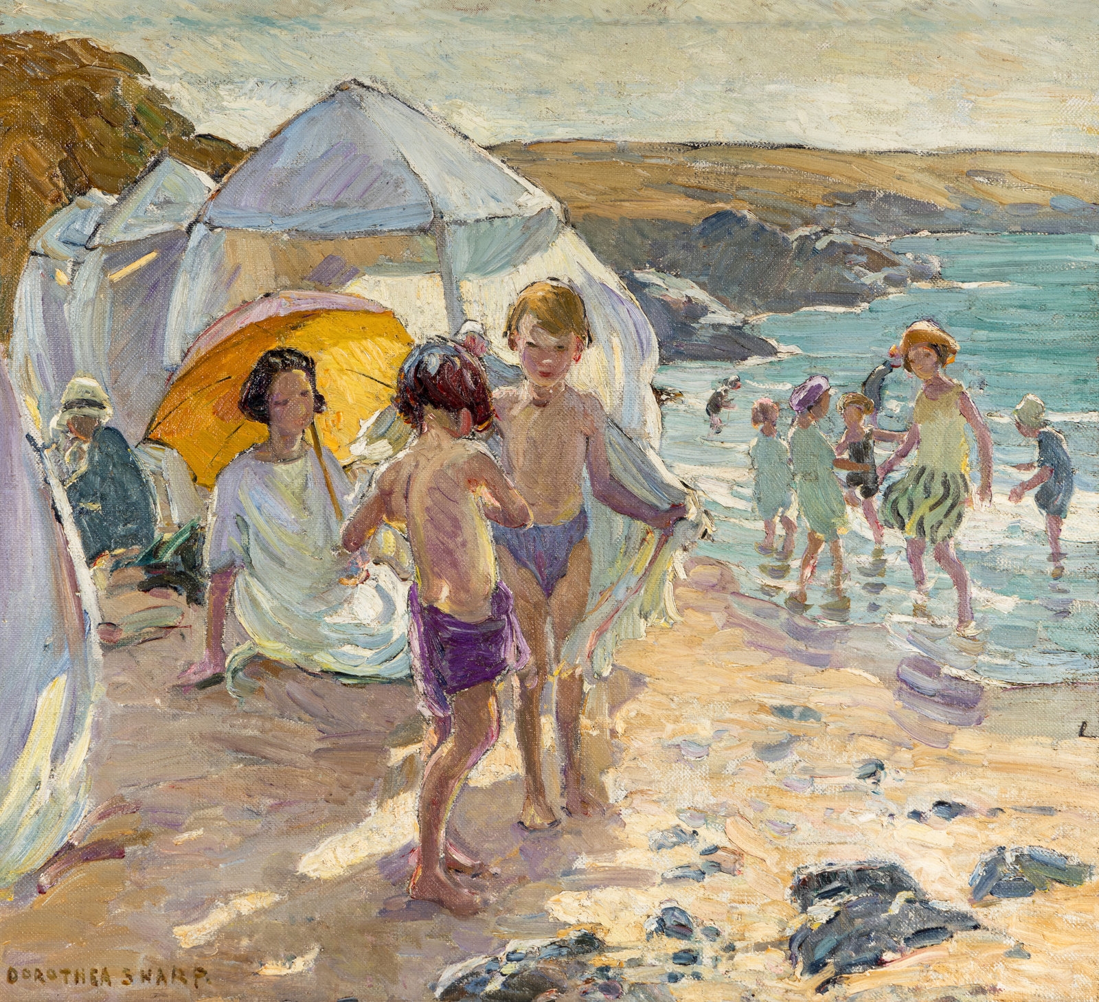 Dorothea Sharp | Children playing on the rocks with gulls | MutualArt