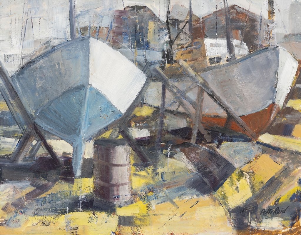 Artwork by Peter Reid, Boats in Dry Dock, Made of oil on board