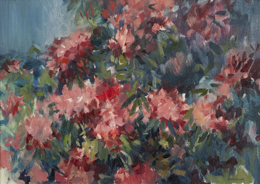Artwork by Brian Badcock, Crimson Goldsworth Rhododendrons, Made of oil on canvas