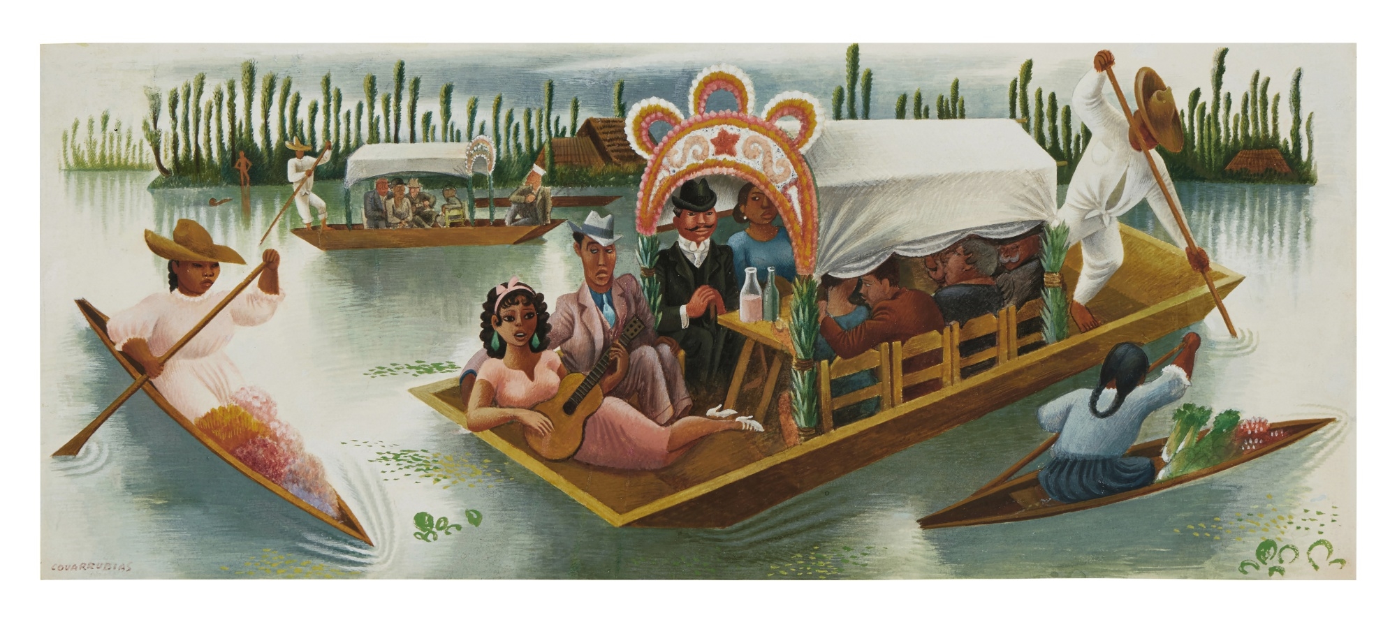 Artwork by Miguel Covarrubias, Una tarde en Xochimilco, Made of gouache, brush and ink and watercolor on paper