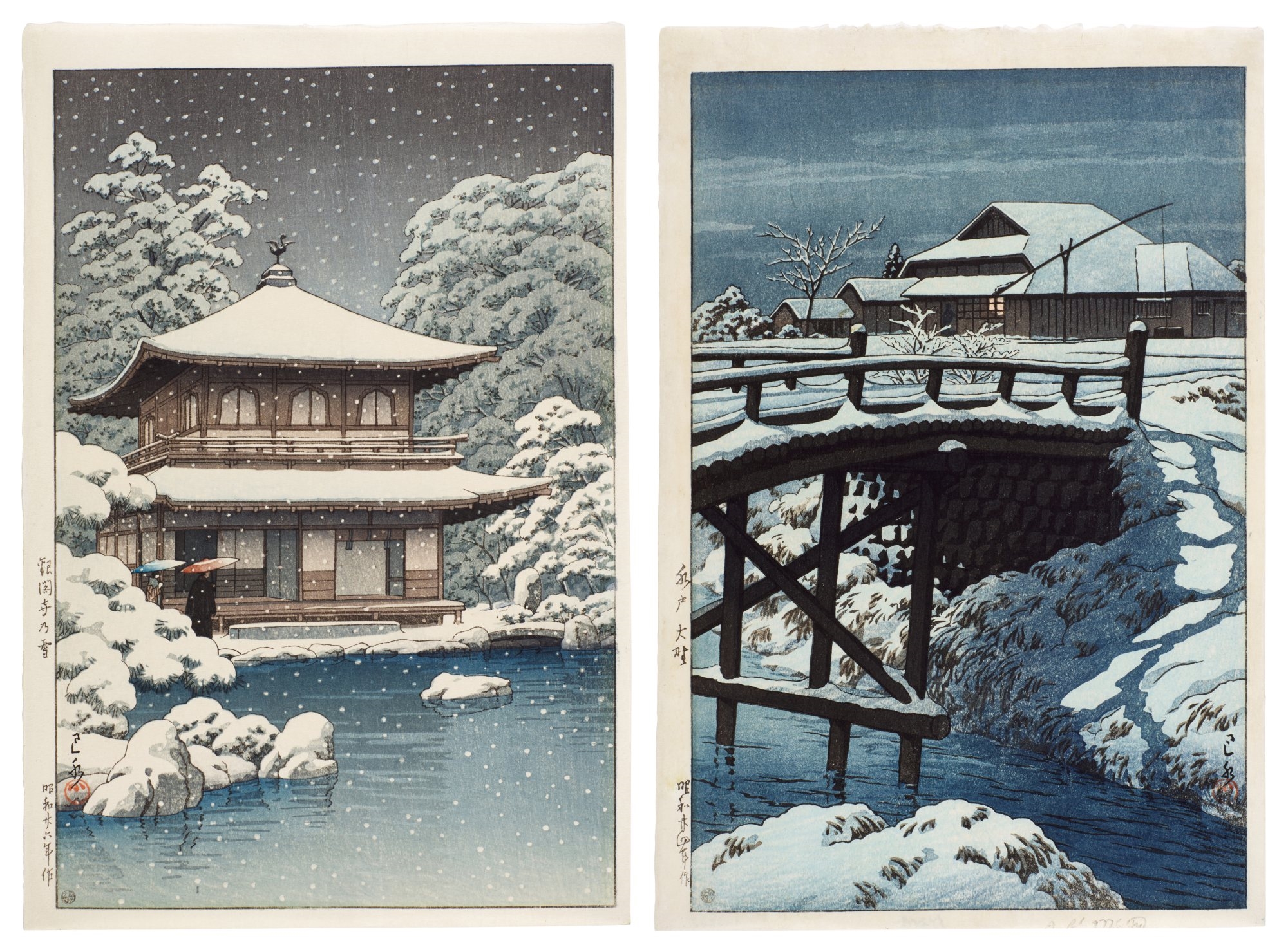 Artwork by Hasui Kawase, Two woodblock prints, Made of woodblock print