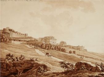Albert Christoph Dies View of Castel Gandolfo Pen-and-ink drawing in black, brush in brown on laid paper, mounted on green cardboard. 32.2 x 44.9 cm. Framed under glass. Signed and dated lower left: A. C. Dies f. 1778. by Albert Christoph Dies, 1778