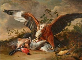Vermoelen Jacob Xavier A hawk with his quarry: a Flemish jay, a male and a female bullfinch, and a grey partridge in a landscape with thistles and other wildflowers Oil on panel (parquetted). 62.5 x 88 cm. - Jacob Xaver Vermoelen