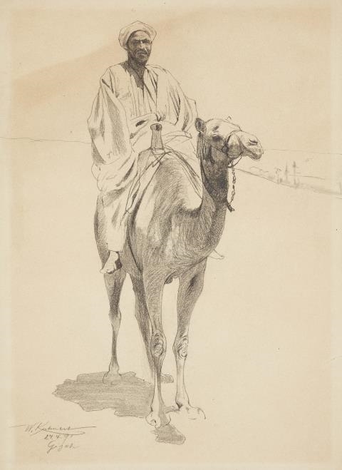 Wilhelm Kuhnert Oriental Man Riding a Camel Chalk in black on laid paper. 32.5 x 23.5 cm. Signed and dated lower left: W. Kuhnert / 24.4.91 / Gizeh. by Wilhelm Kuhnert