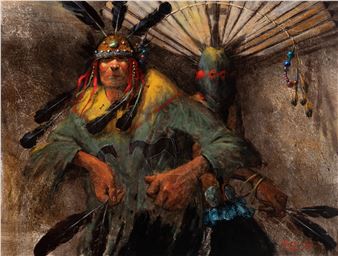 A dramatic portrait of a figure in ceremonial regalia against a textured, earthy background.