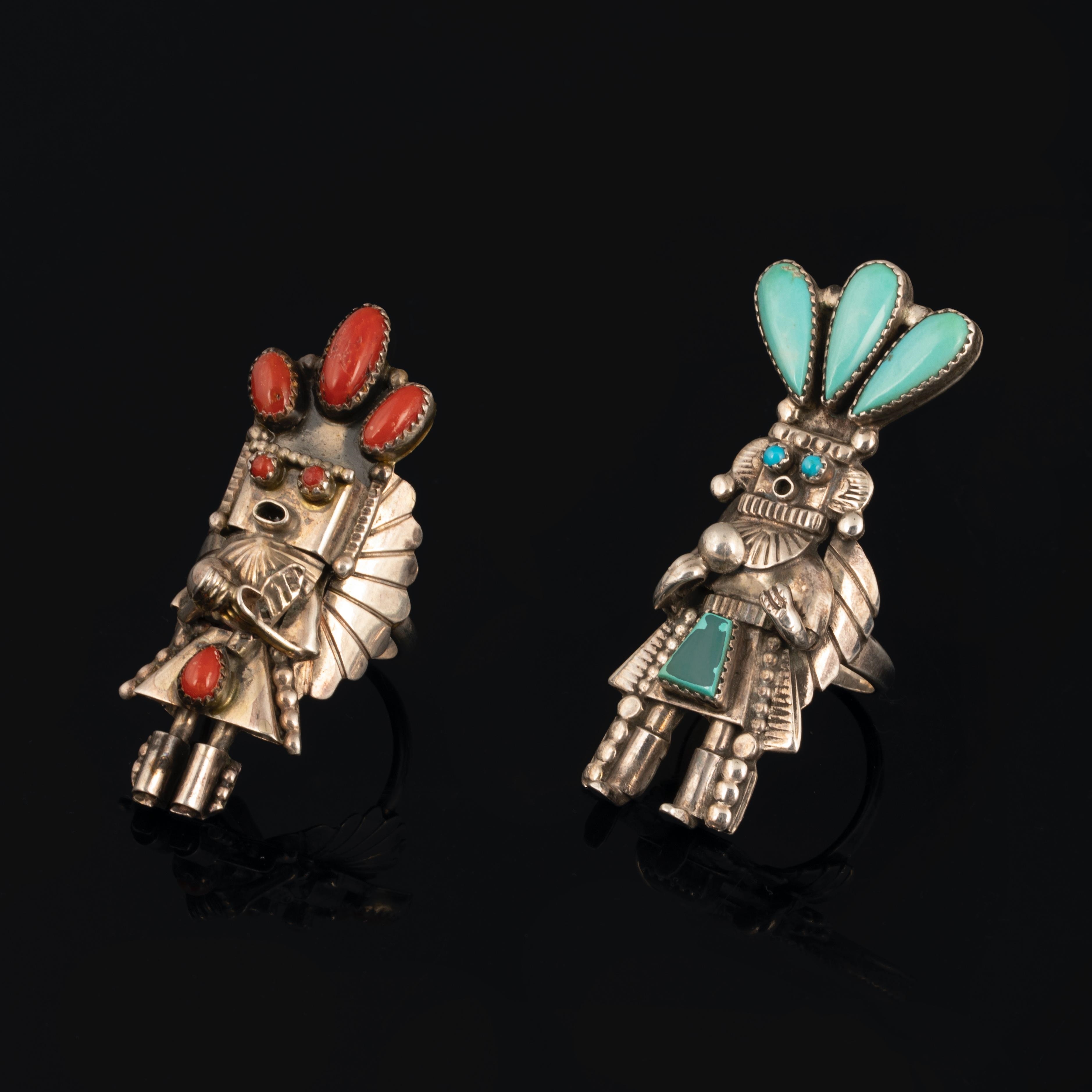 Artwork by Alonzo Hustito, Pair of Silver and Turquoise Figural Rings, Made of Silver and Turquoise