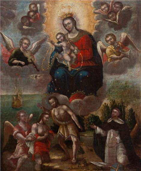 Our Lady of the Rosary and Saint Dominic de Guzmán at the baptism of Christ by Colonial School, 18th Century