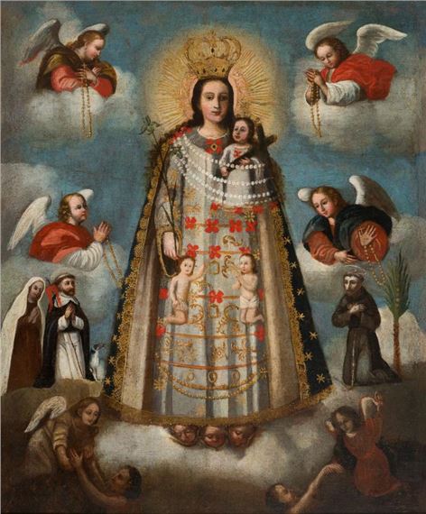 Our Lady of the Forsaken of Valencia between Saint Dominic de Guzmán and Saint Francis of Assisi, surrounded by angels and souls in purgatory by Colonial School, 18th Century