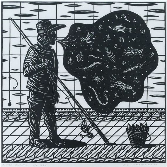 Dennis Cunningham ''Baited Breath'' 1984 Linocut - Dennis Cunningham